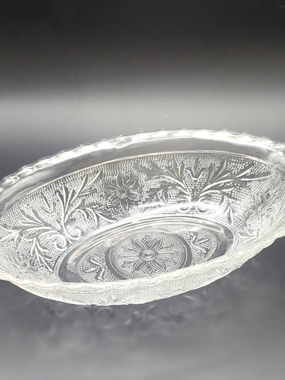 Vintage Anchor Hocking Clear Oval Bowl, Embossed Floral and Leaf Pattern 8.5"
